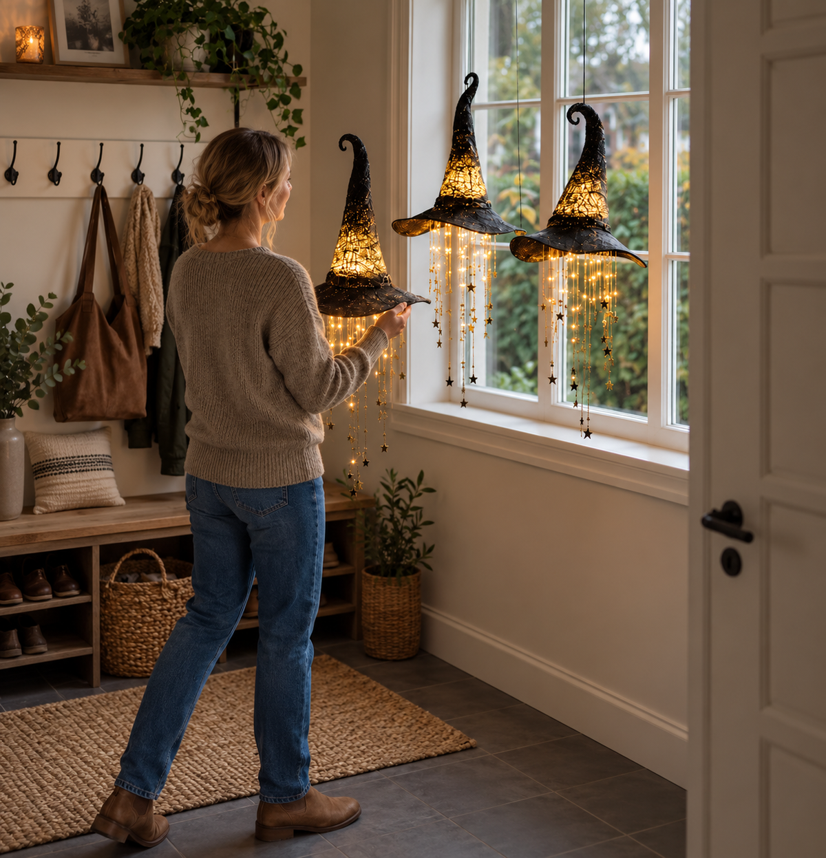 A woman in a jumper and jeans adjusts one of three lit witch hats hanging by a bright hallway window. 8