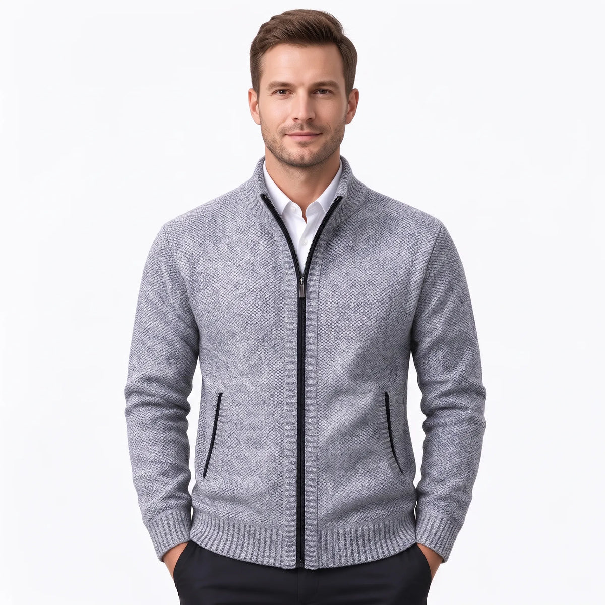 Model wearing the light grey cardigan with black zip over a white shirt and dark trousers 36