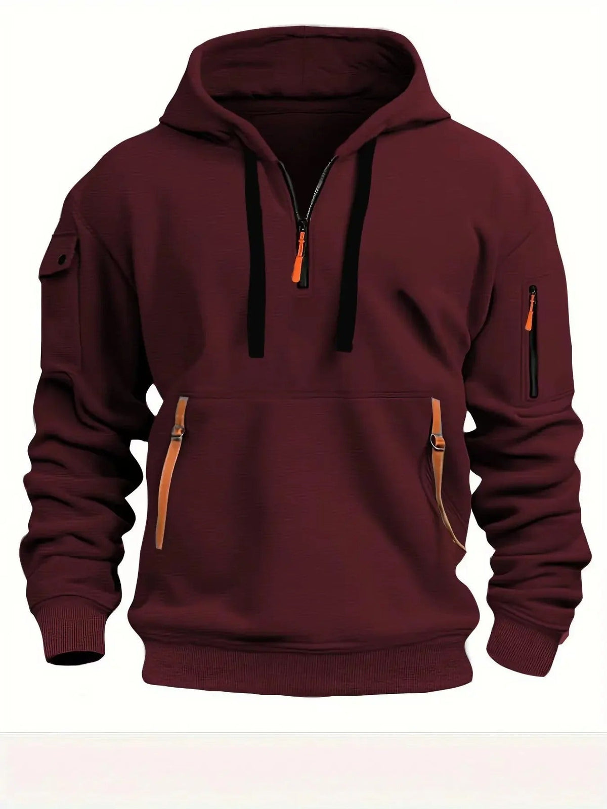 Burgundy version of the hoodie from the front, with black drawstrings, orange zip pull and orange pocket tabs. 5