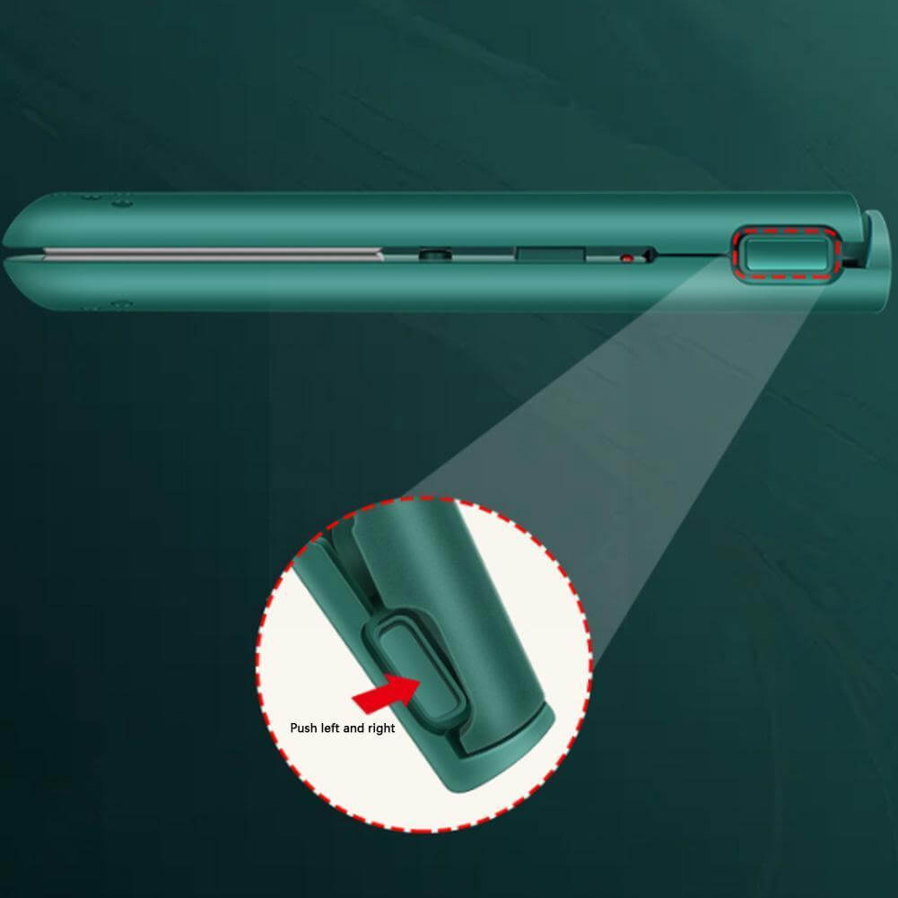 Green straightener with a circled close-up of the side catch at the hinge end and an arrow showing how to push it. 6