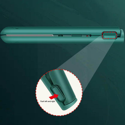 Green straightener with a circled close-up of the side catch at the hinge end and an arrow showing how to push it. 6
