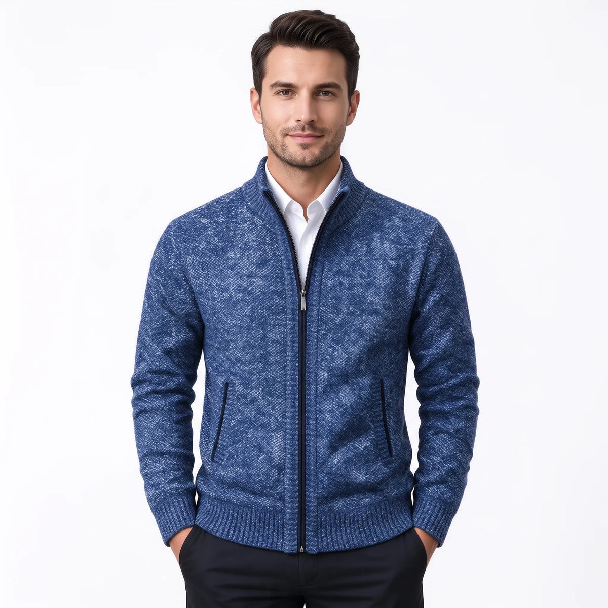 Model wearing the bright blue flecked cardigan zipped up over a white shirt and dark trousers 37
