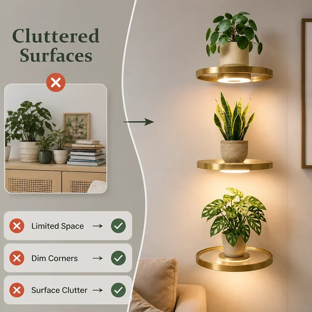 Comparison graphic: a cluttered sideboard of plants and books on the left, three tidy glowing gold shelves holding plants on the right. 2