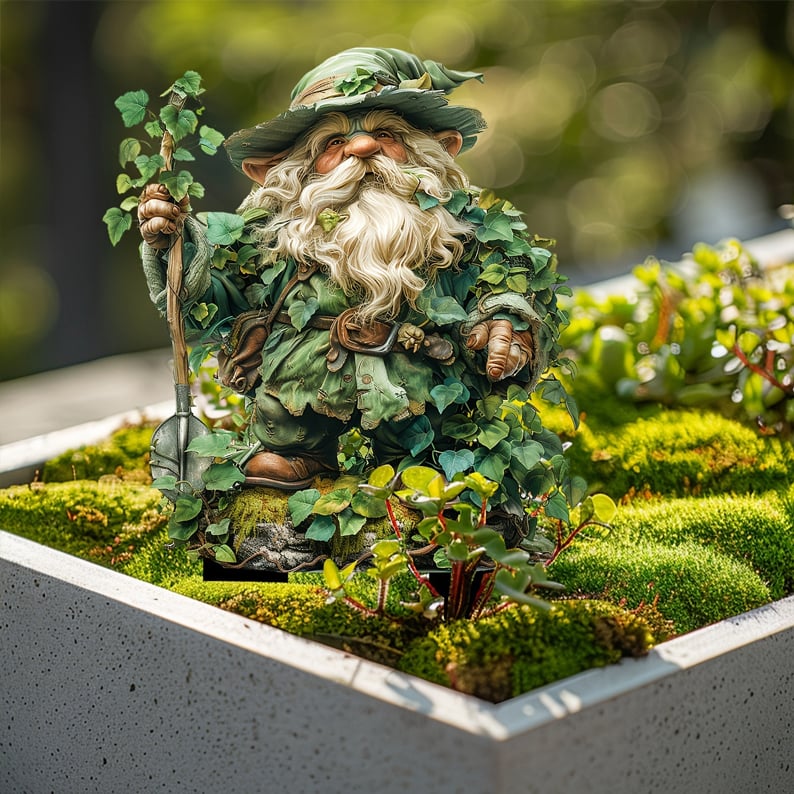 Ivy-clad bearded gnome with a staff, displayed in a pale concrete planter filled with moss and succulents. 15