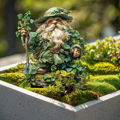 Ivy-clad bearded gnome with a staff, displayed in a pale concrete planter filled with moss and succulents. 15