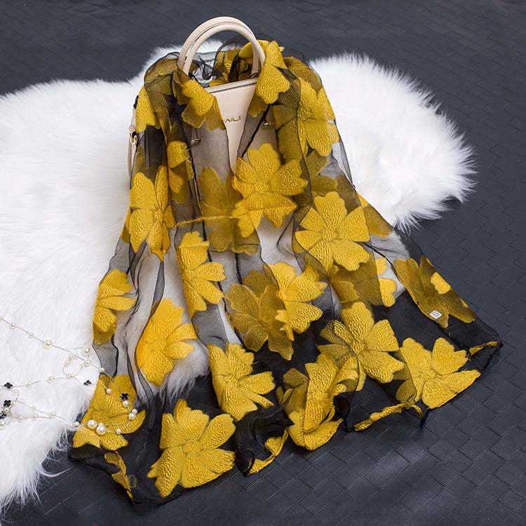 Autumnal ladies' silk scarf with floral pattern and cut-out design – Fiora (Buy one, get one free)