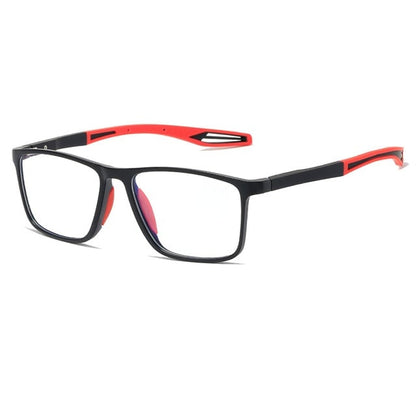 Three-quarter view of black frames with red arm tips and red nose pads against a plain white background. 14