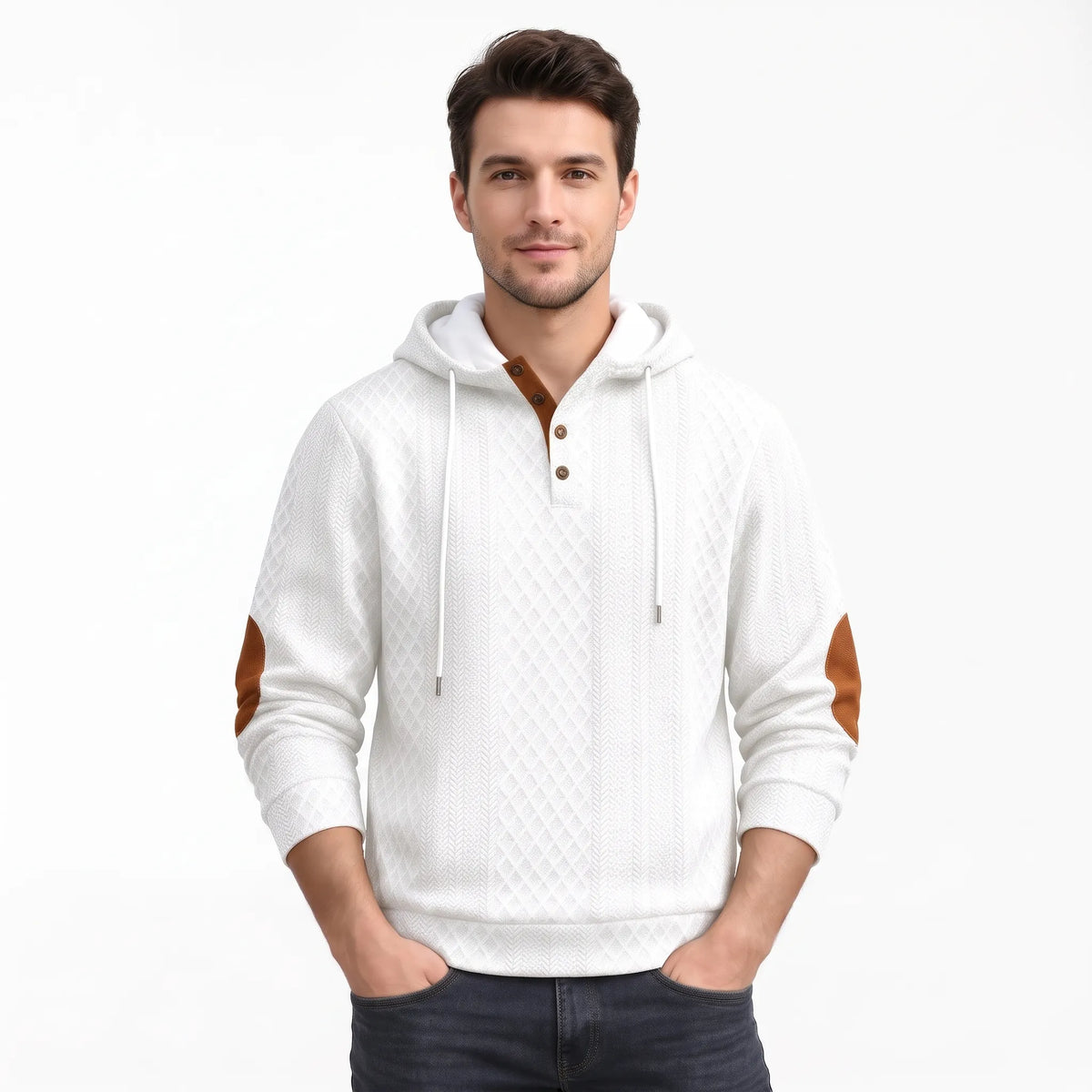 Model in white textured hoodie with tan elbow patches and button placket, hands in pockets, plain background 38