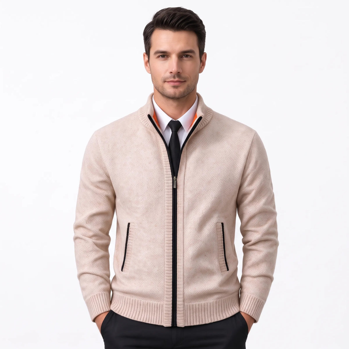 Model wearing the beige cardigan with black zip trim over a shirt and black tie 38