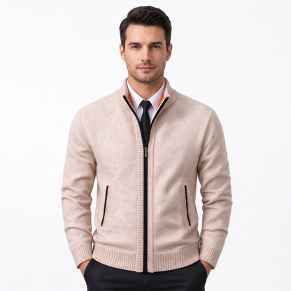 Model wearing the beige cardigan with black zip trim over a shirt and black tie 38