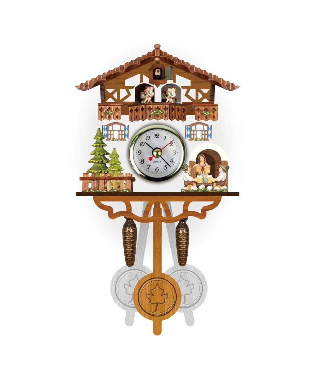 Small chalet-style wall clock with fretwork balcony, fir trees, three figures with beer mugs and a maple-leaf pendulum on white. 2