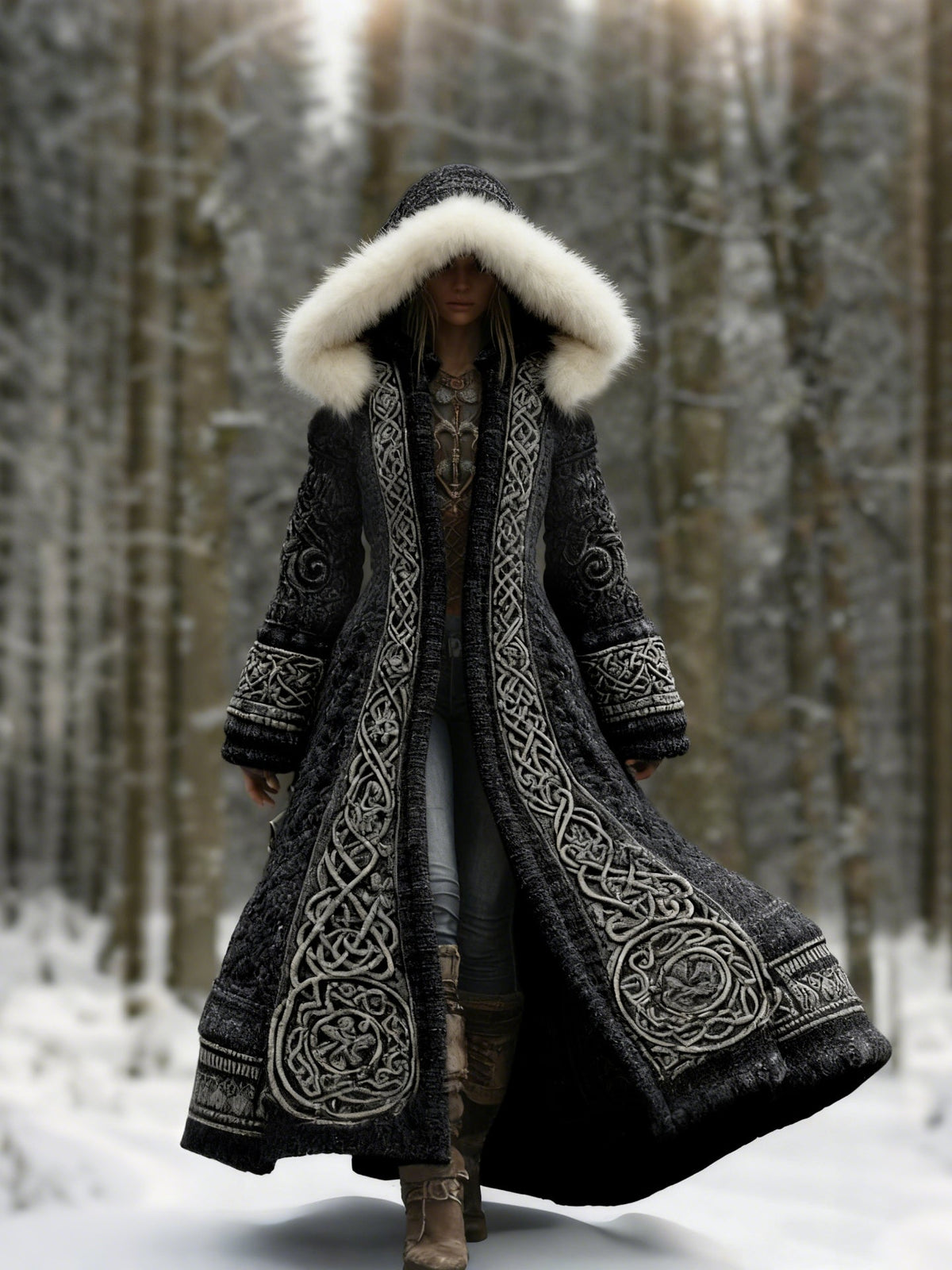 Model walking through a snowy forest in the black version, with a cream faux-fur hood trim 1