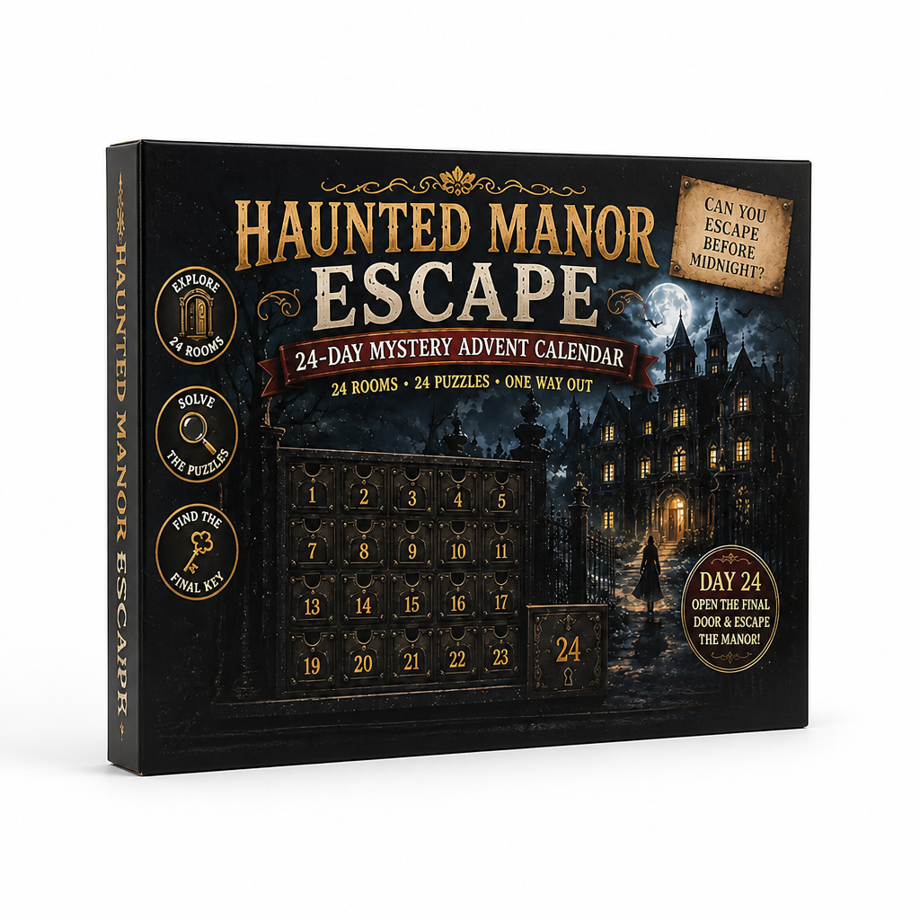 Haunted manor box in black and gold, showing a moonlit mansion, iron gates and a grid of numbered drawers. 9