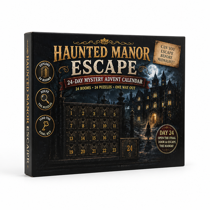 Haunted manor box in black and gold, showing a moonlit mansion, iron gates and a grid of numbered drawers. 9