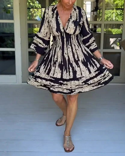 Autumnal & Stylish Ladies' Dress with V-neck and 3/4-length sleeves – Elina