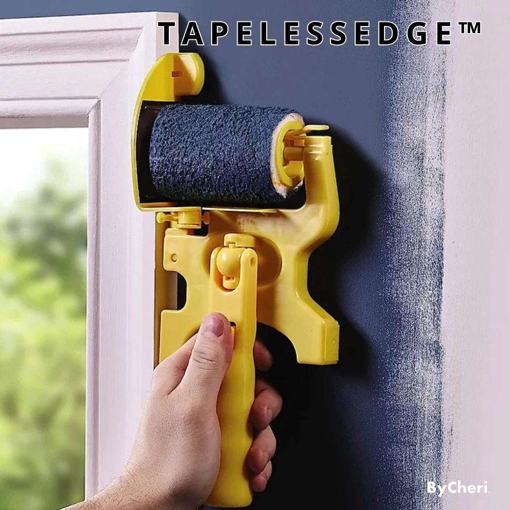 Hand holding the yellow edge painting guide with a dark blue roller, painting a clean line along a white window frame. 1