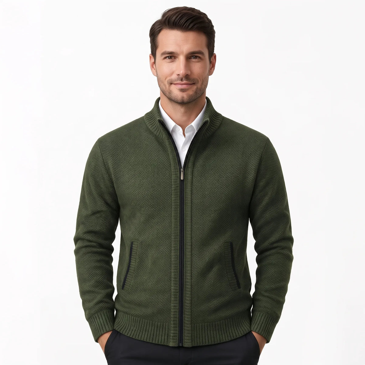 Model wearing the dark green cardigan zipped up over a white shirt and dark trousers 39