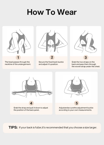 Five-step illustrated guide showing how to put on the support bra, from pulling it over the head to fastening the back buckle and adjusting the straps. 21