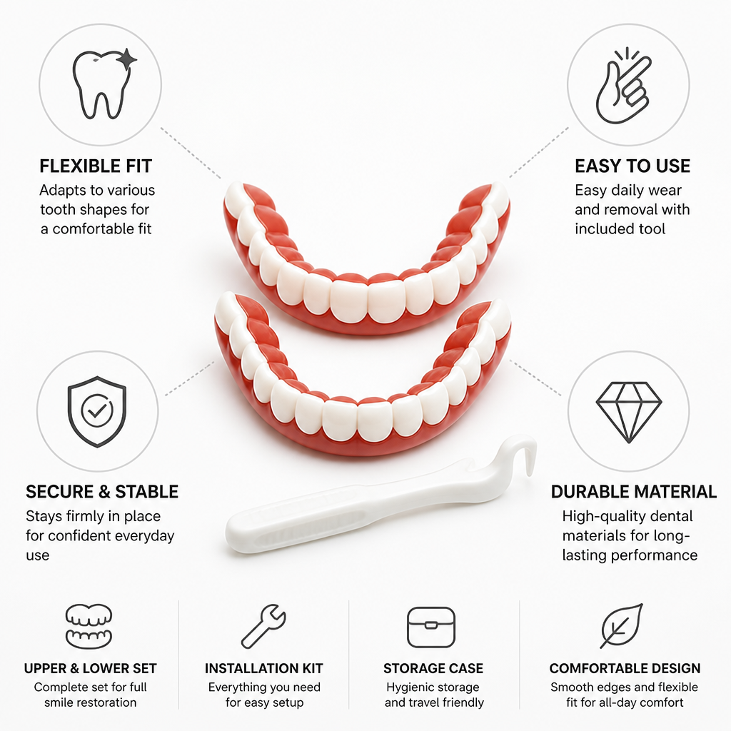Infographic with the upper and lower dentures and a white removal tool, surrounded by feature icons and short captions 4