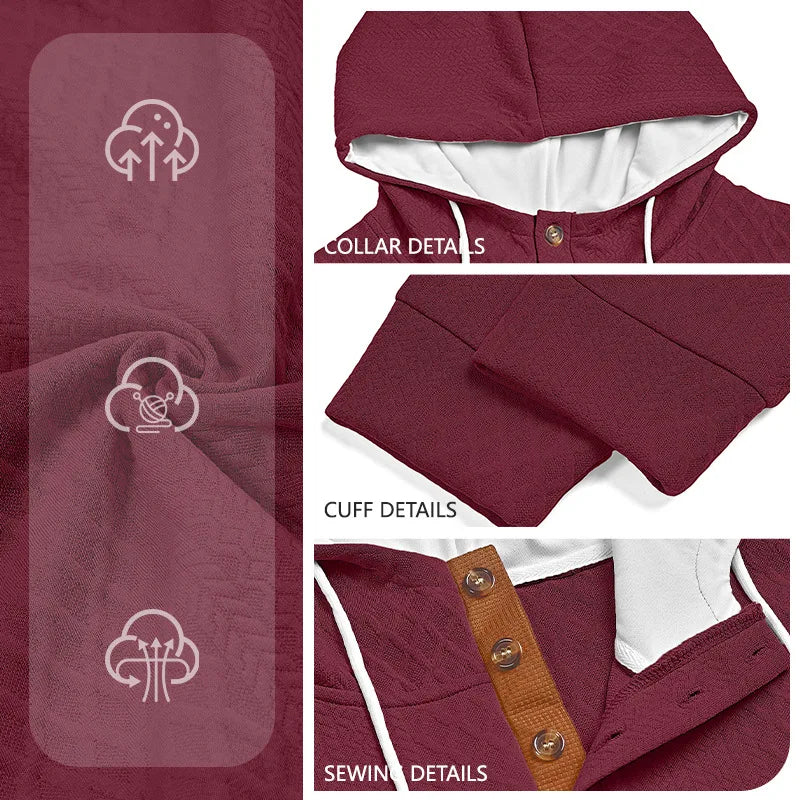 Burgundy hoodie detail collage showing the hood lining, cuff, button placket stitching and fabric texture 3