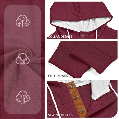 Burgundy hoodie detail collage showing the hood lining, cuff, button placket stitching and fabric texture 3