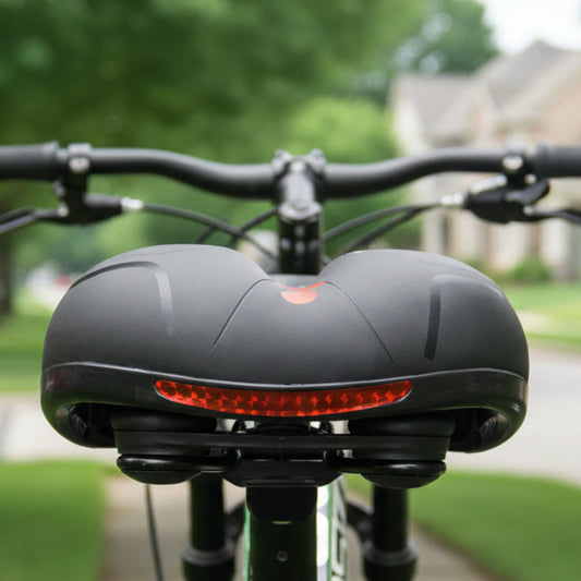 Rear view of the black saddle on a bike, showing the red reflective strip and twin shock-absorbing springs beneath. 2