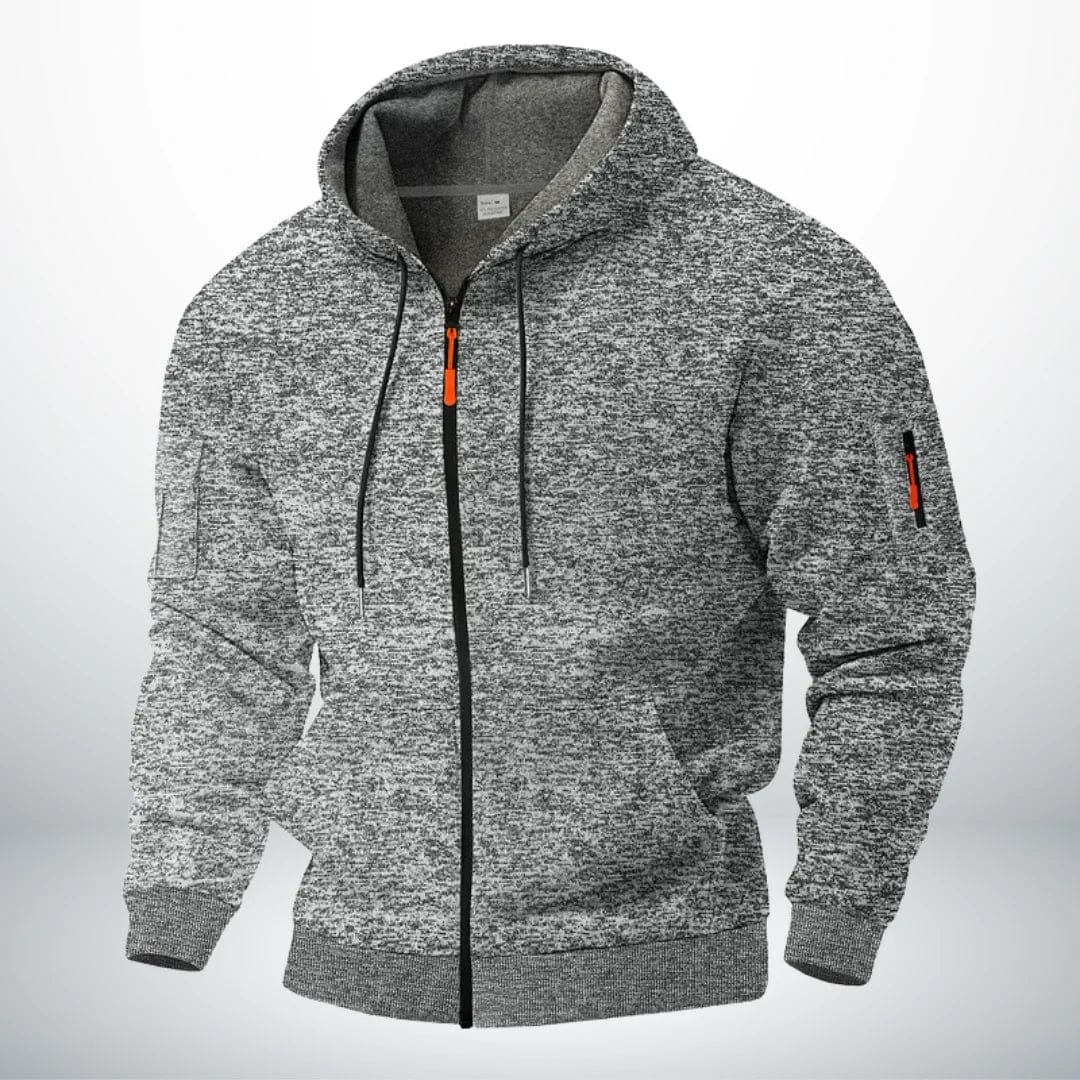 Front view of the zip-up hoodie in speckled light grey, with a soft grey hood lining, orange zip pull and zipped sleeve pocket. 3