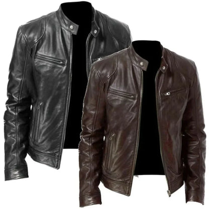 Black and dark brown leather biker jackets shown side by side, both unzipped 3
