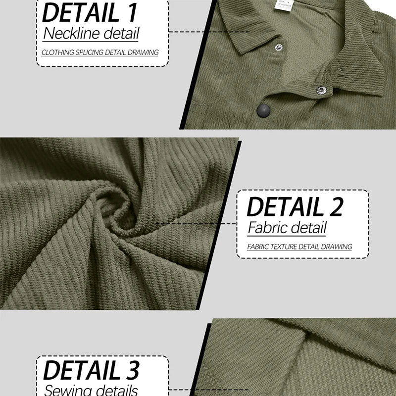 Collage of olive green ribbed fabric showing the collar, fabric texture and stitching details 3