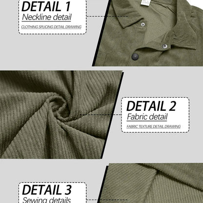Collage of olive green ribbed fabric showing the collar, fabric texture and stitching details 3