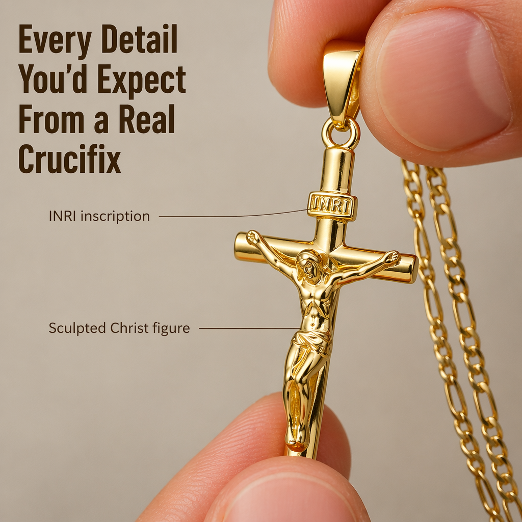 Fingers hold the gold crucifix up close, showing the INRI plaque and sculpted figure beside the chain 2
