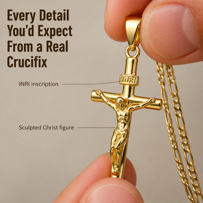Fingers hold the gold crucifix up close, showing the INRI plaque and sculpted figure beside the chain 2