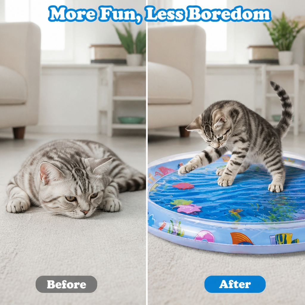 Before and after comparison: a cat lying listless on carpet beside a kitten playing eagerly on the round blue water mat. 4