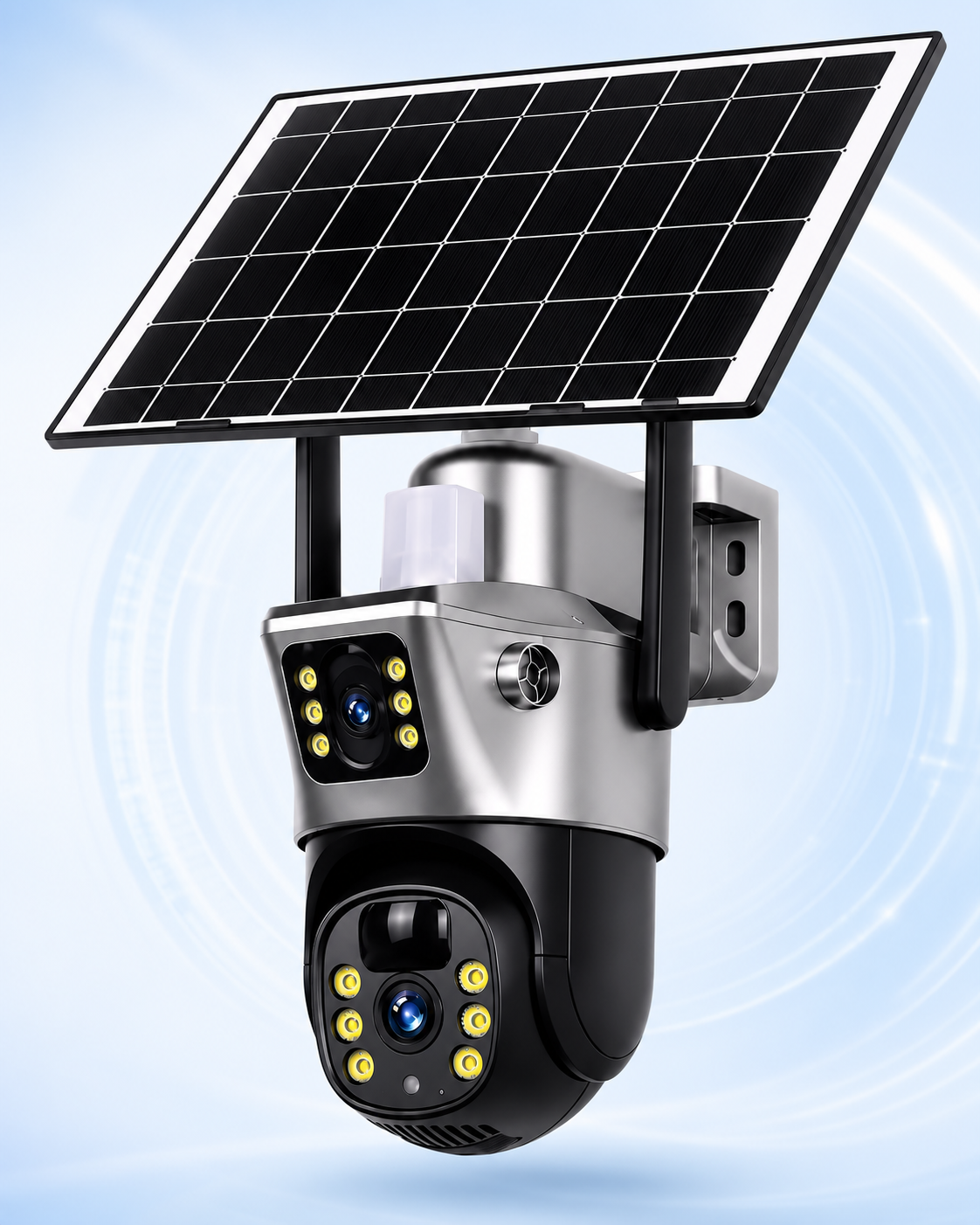 Different model with a silver and black body, two lenses, ring of LEDs, two antennas and a solar panel on a pale blue background. 11