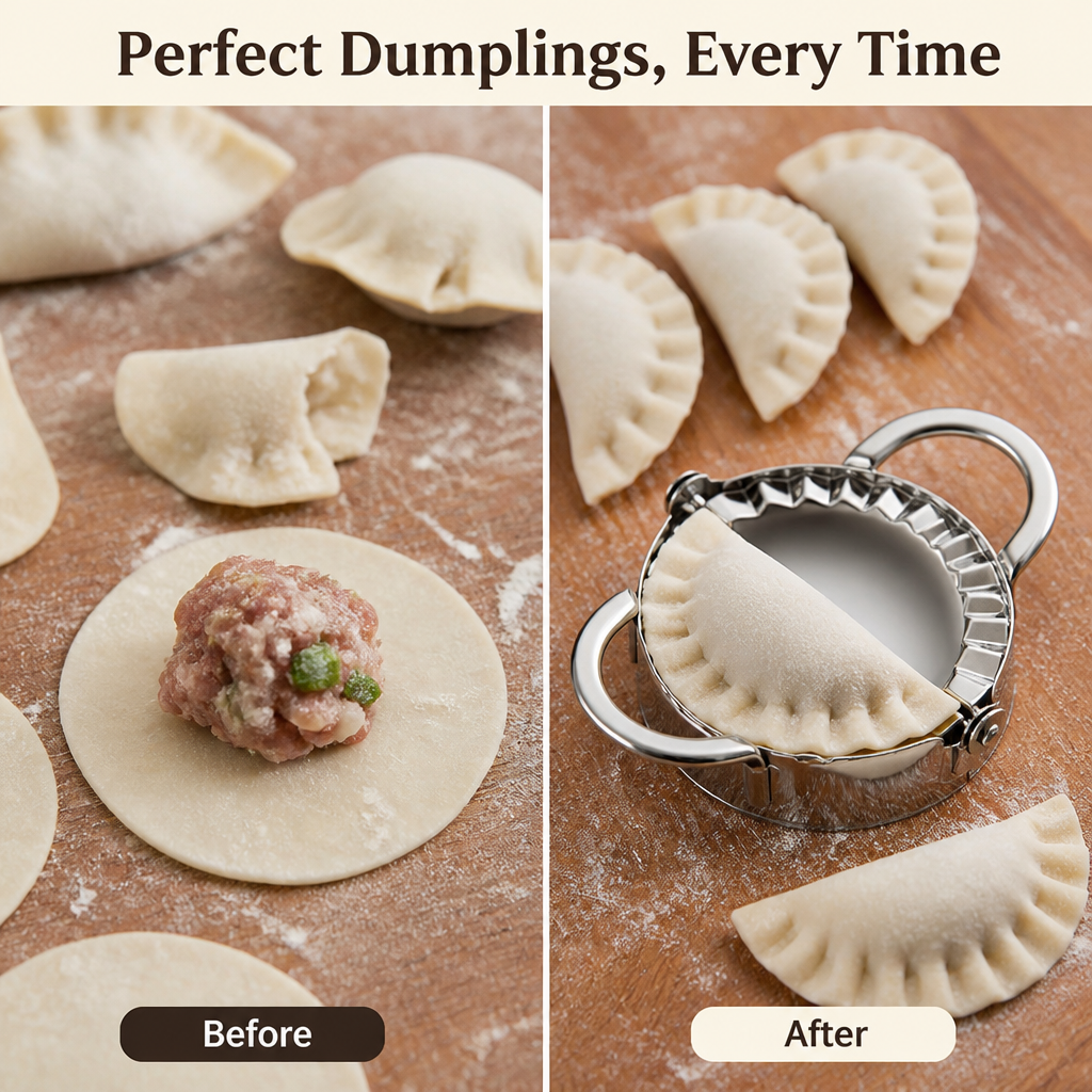 Before and after comparison: filling on a dough round with lumpy hand-folded dumplings, and neat crimped dumplings beside the steel mould. 4