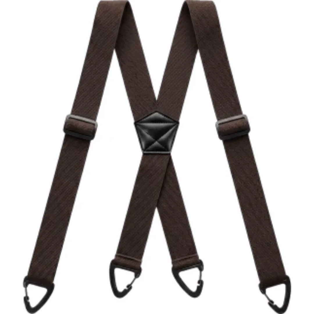 Dark brown X-back braces laid flat, with finely ribbed straps, black adjusters and four clips 11