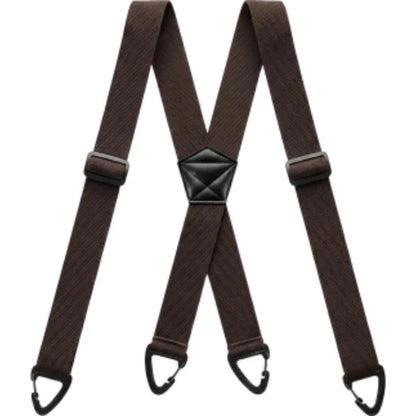Dark brown X-back braces laid flat, with finely ribbed straps, black adjusters and four clips 11