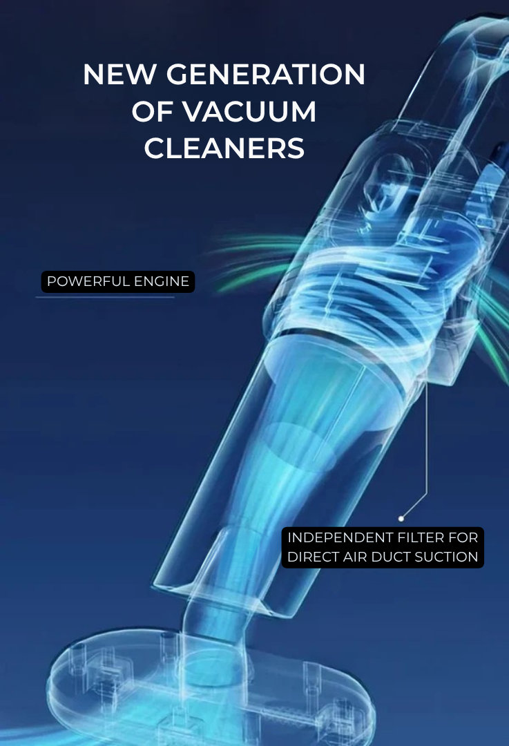See-through illustration of the vacuum's inner workings, showing airflow through the motor, filter and floor head against a dark blue background. 3