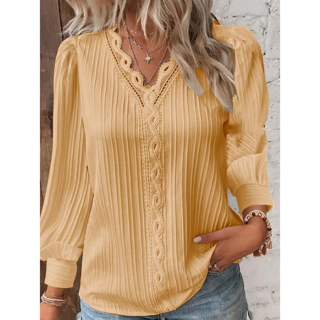 Stylish autumnal women's blouse with a V-neck and long sleeves – Alvara