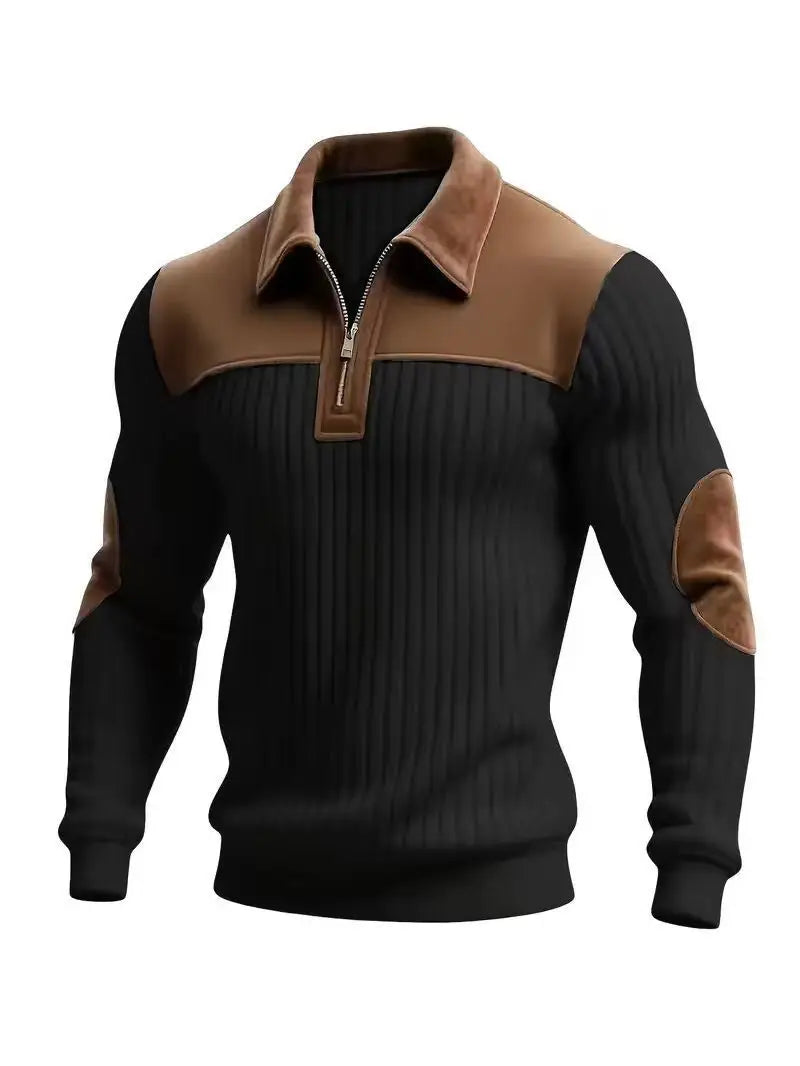 Black ribbed zip jumper with brown shoulder panel, collar and elbow patches, shown on a plain background 3