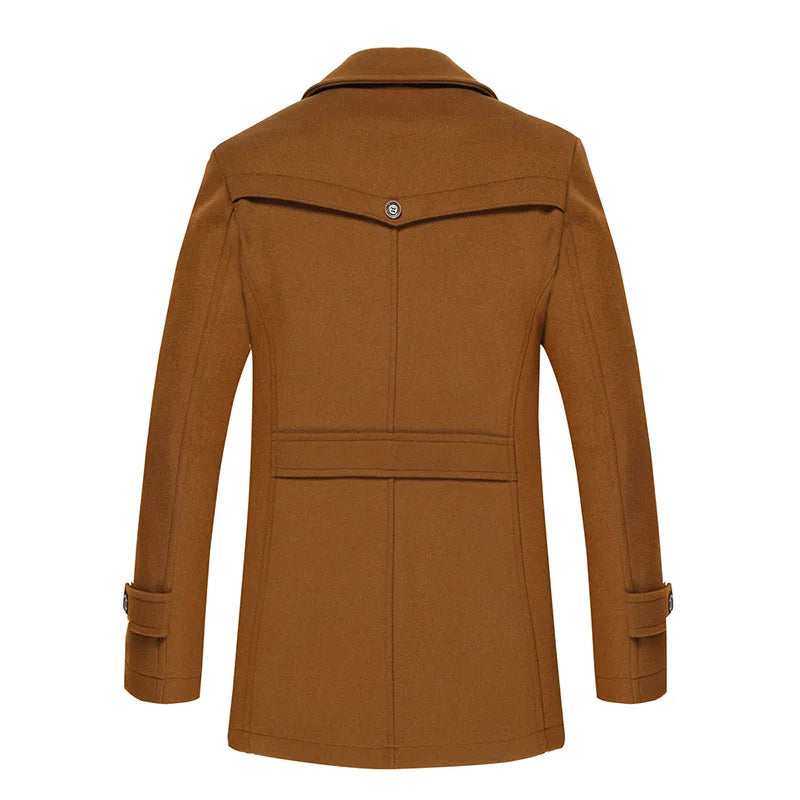 Back of the tan coat, showing the yoke with a single button and a belted waist panel 3