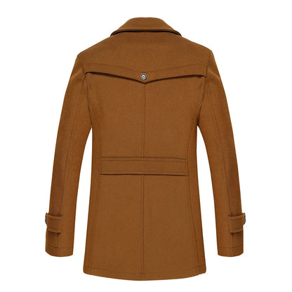 Back of the tan coat, showing the yoke with a single button and a belted waist panel 3