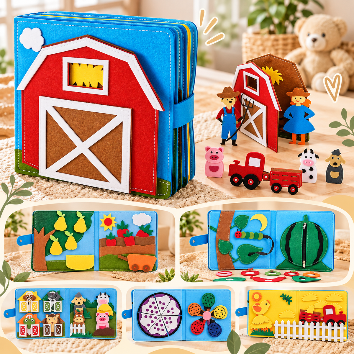 Blue barn-cover felt book with farmer figures, loose animals, tractor, and five open farm-themed pages below 4