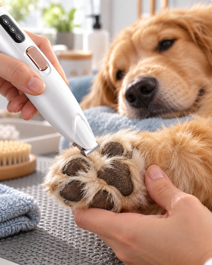 Hand trimming the fur around a golden dog's paw pads while the dog watches 3