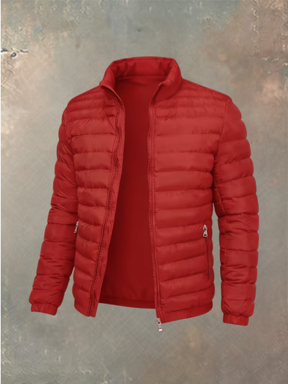 Red quilted puffer jacket with stand-up collar, unzipped and shown almost straight on 3