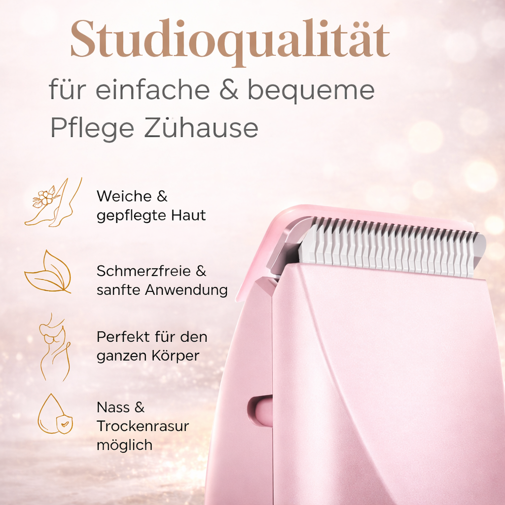 Close-up of the pink trimmer's white toothed blade, beside four small icons illustrating gentle, full-body wet and dry use. 7