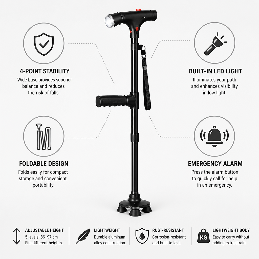 Cane shown with icons and short captions covering stability, light, folding, alarm, adjustable height and lightweight build 4