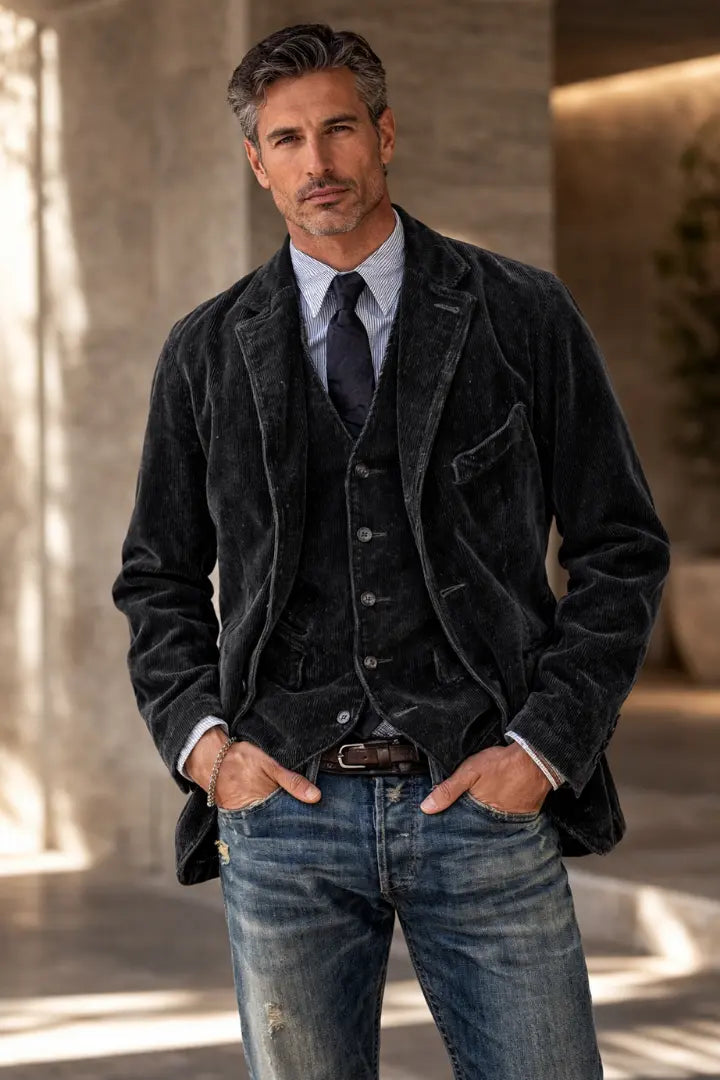 Model standing in a sunlit arcade wearing the black corduroy jacket and waistcoat with jeans, hands in pockets 2