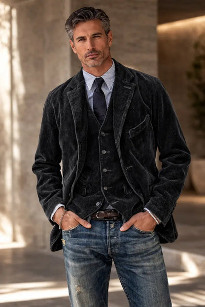 Model standing in a sunlit arcade wearing the black corduroy jacket and waistcoat with jeans, hands in pockets 2