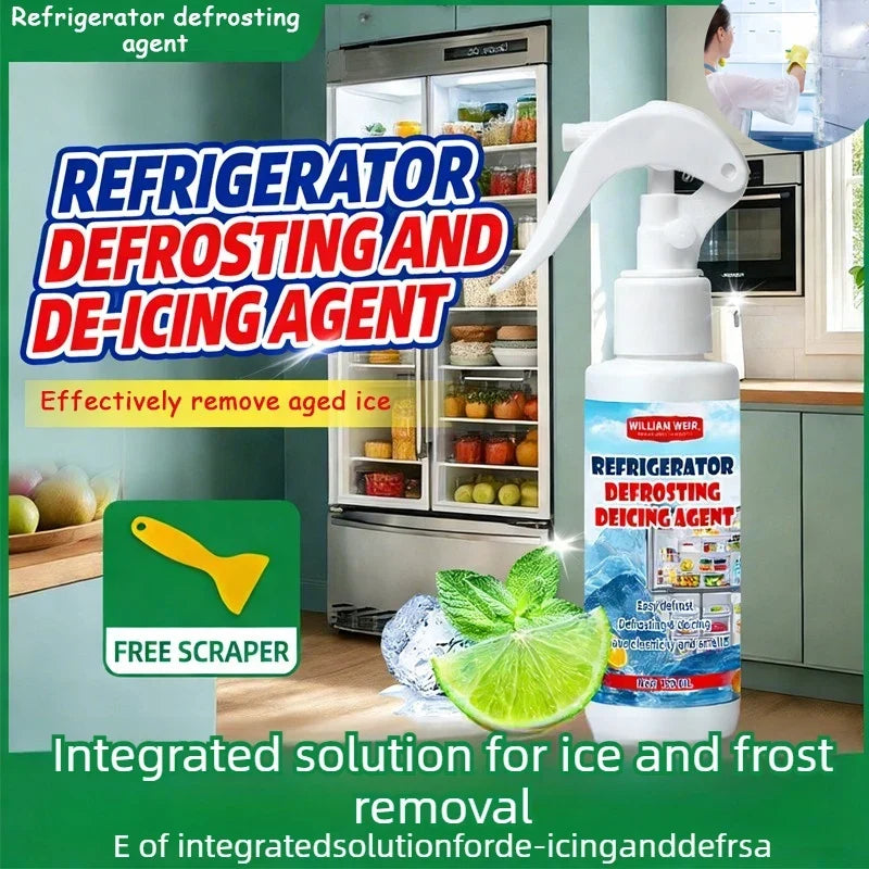 Promotional graphic showing the spray bottle in a kitchen with a lime, mint, ice cube and yellow scraper 3